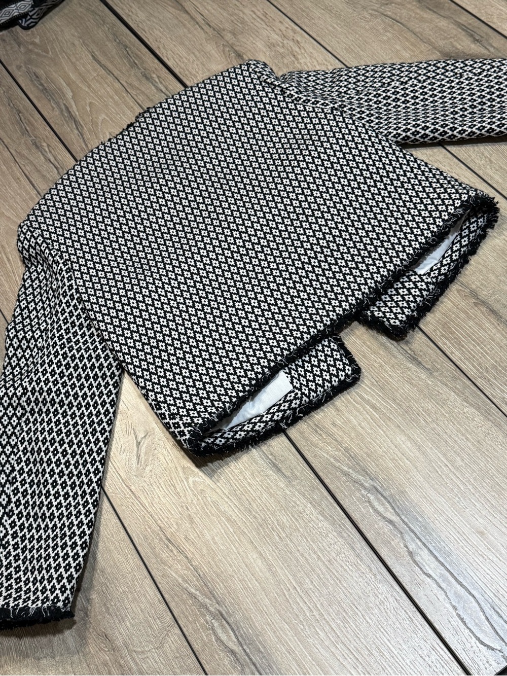 Topshop Black Tweed Blazer Coat Fringe Hem Zip Pocket Jacket Size 6 - Picture 7 of 16